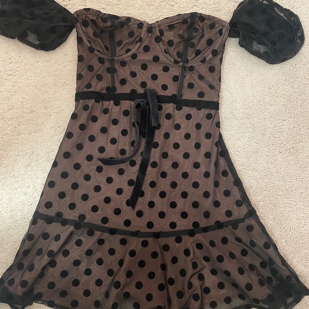 For Love and Lemons Mini black dot dress, underwire, puff sleeve